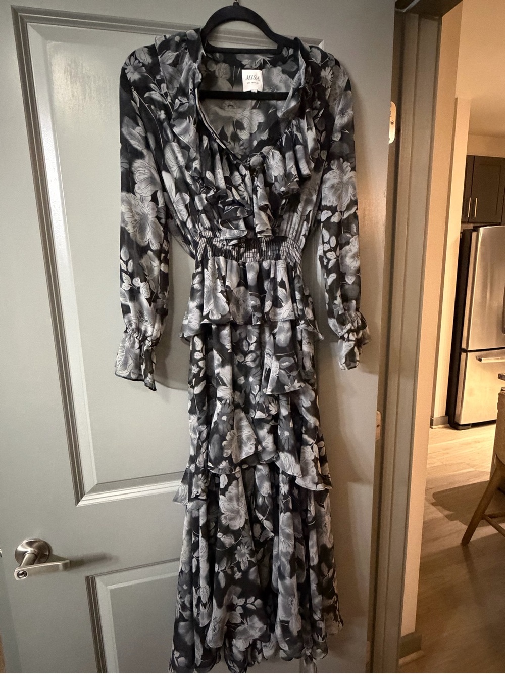 Misa Los Angeles Black & White Floral Ruffle Tiered Maxi Dress